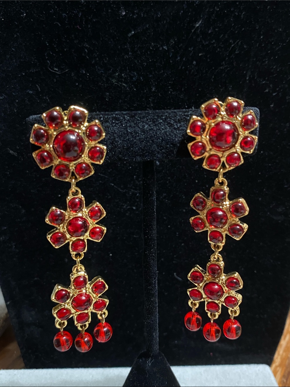 Monet Gold-Tone Red Floral Cabochon Dangle Earrings